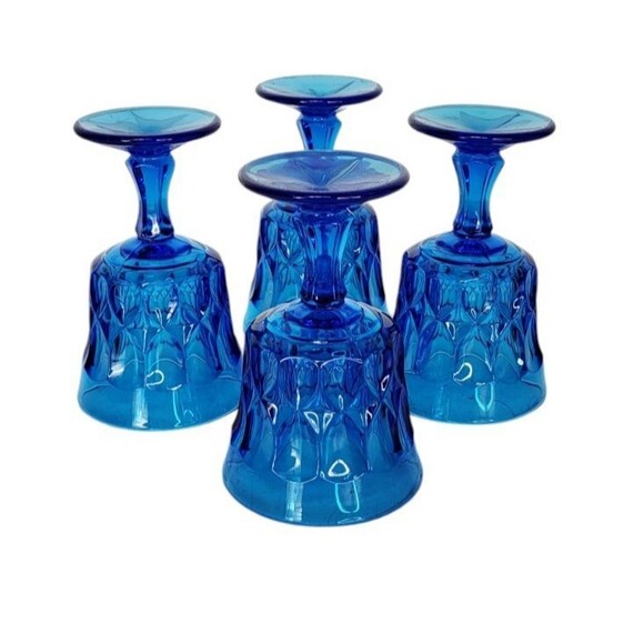 Vintage MCM Noritake Perspective Blue Glass Footed Wine Water Juice Four Goblets - Picture 5 of 11